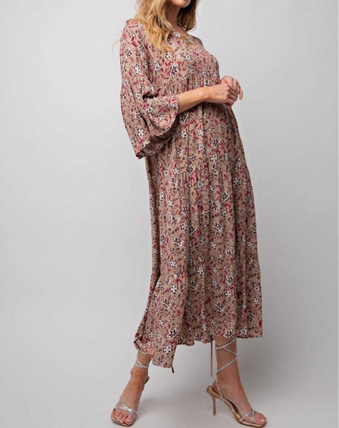 TAN FLORAL MIDI DRESS