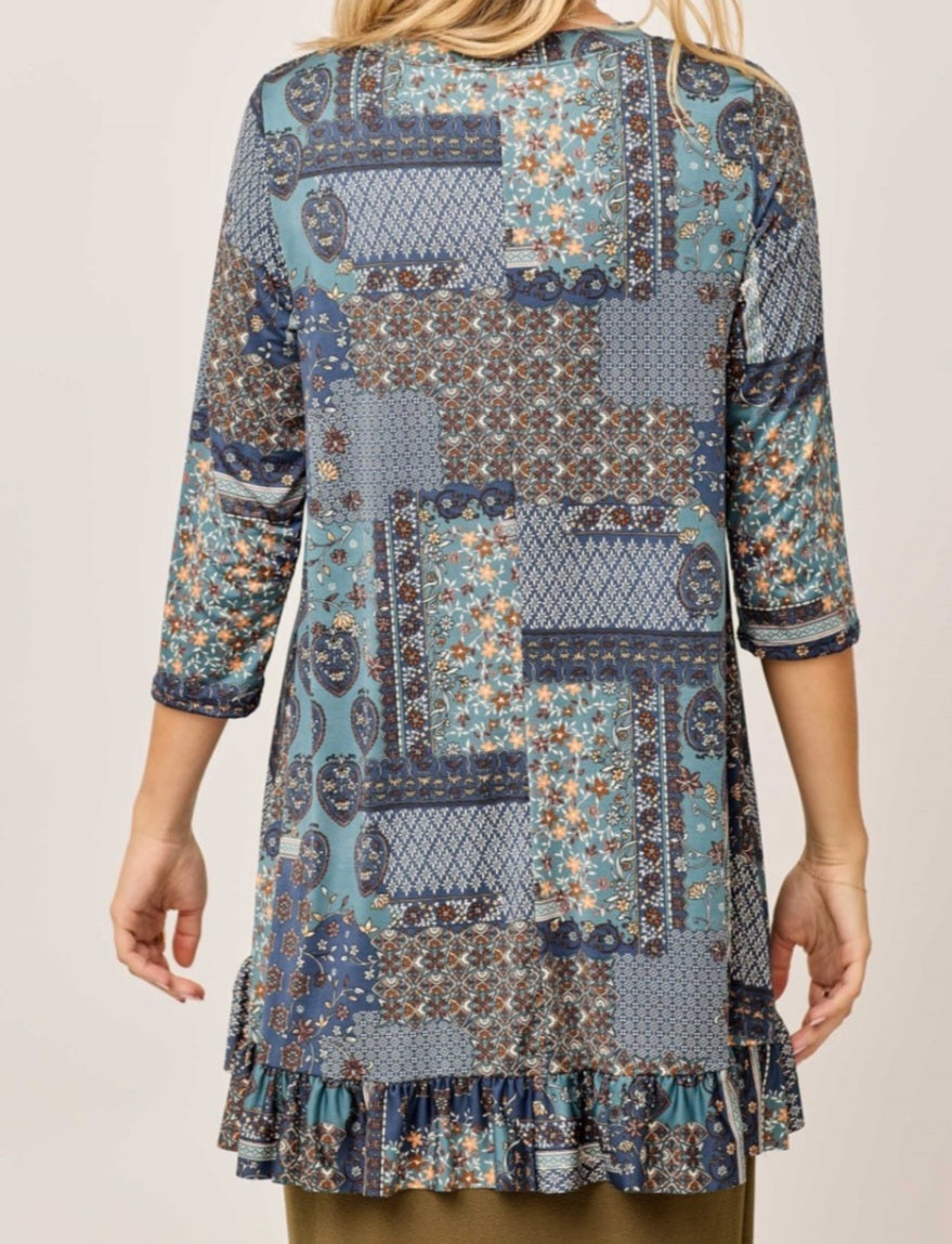 PLUS INDIGO PATCHWORK HI LOW WITH RUFFLE TRIM