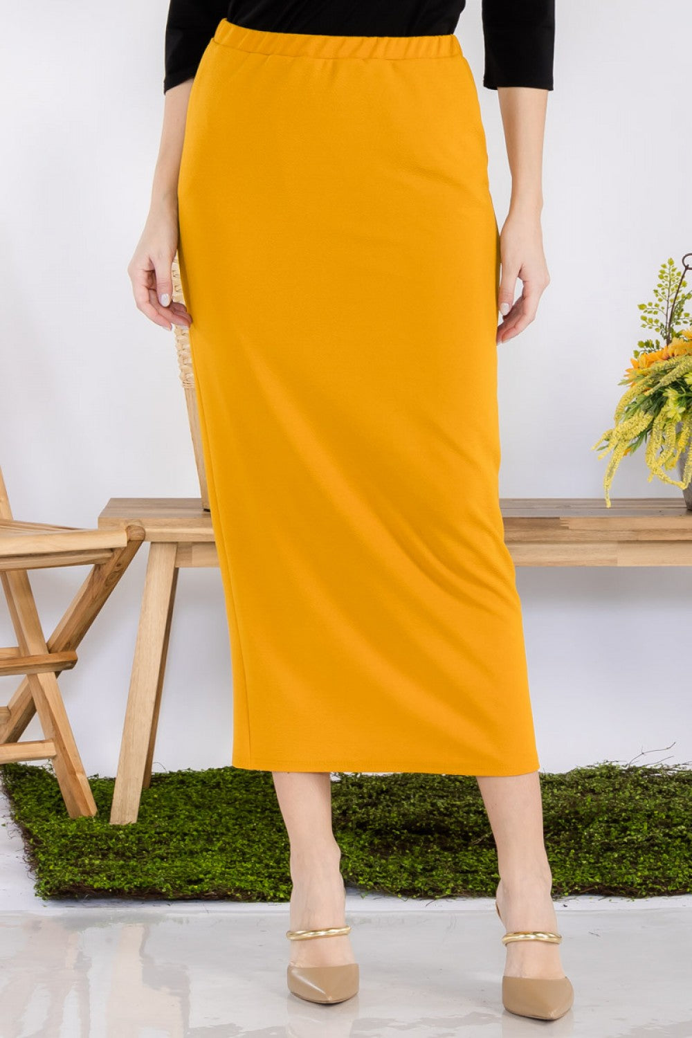 SANDRA MAXI PENCIL SKIRT IN MUSTARD (plus)