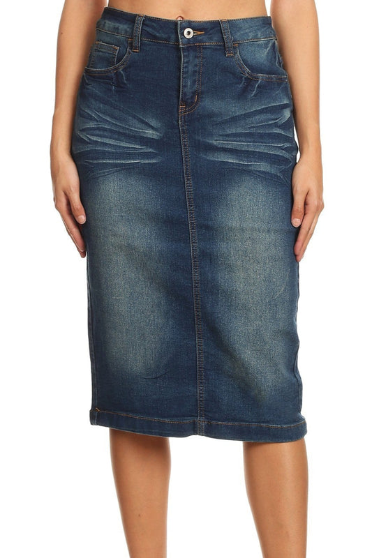 VINTAGE WASH MIDI DENIM SKIRT